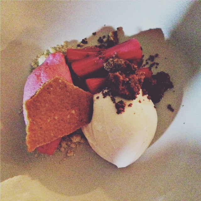 Rhubarb, Buttermilk Pudding, White Chocolate, Oats